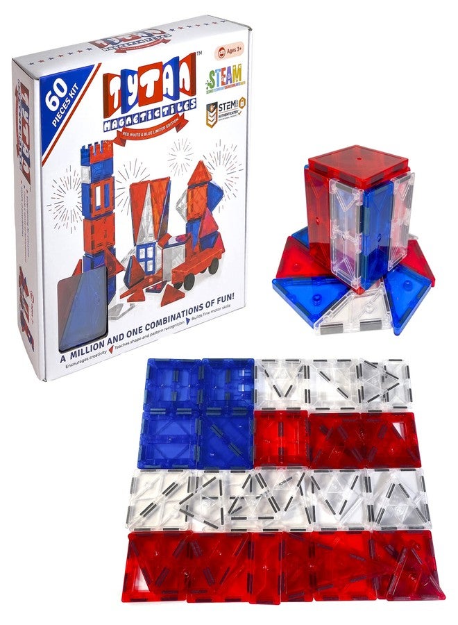 Tytan Tiles 4th of July 60-Piece Magnetic Tiles Building Set, Ergonomic Design, Kids’ STEM Toy, Architectural Building, Creative Play, Pattern Recognition, America USA Themed, Ages 3 and Up - Image 1